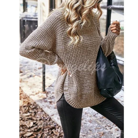 Waffle Knit Khaki Long Sleeve Sweater Turtleneck - Picture 6 of 7